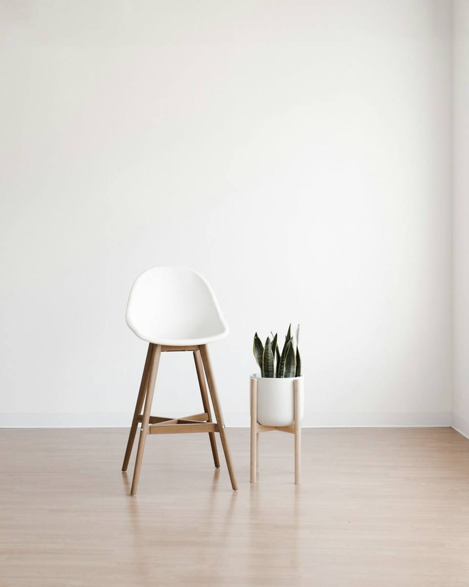 Ambiente branco vazio com piso de madeira, escada de pintor, banqueta e vaso de planta