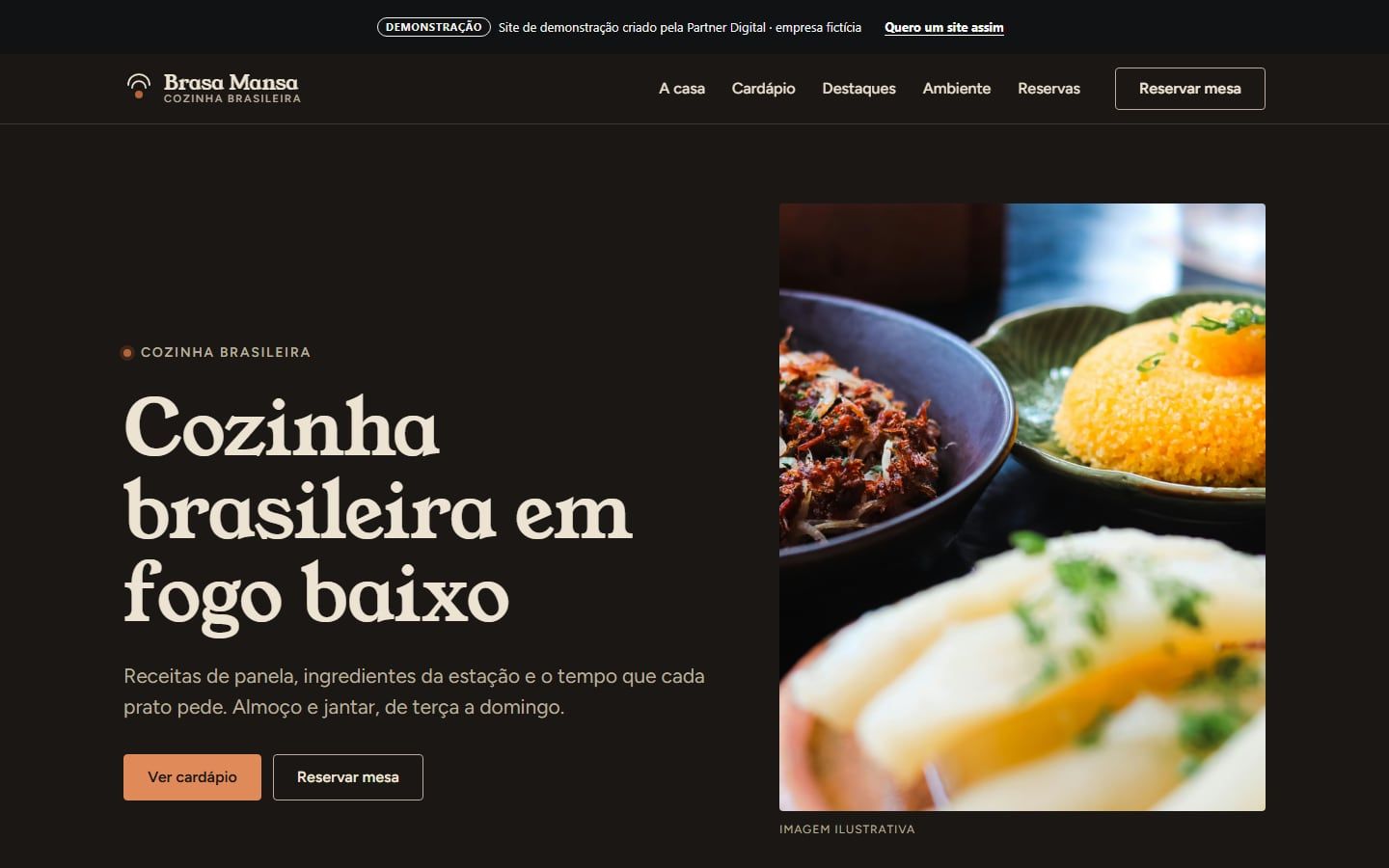 Topo do site de demonstração Brasa Mansa: fundo escuro quente, título serifado claro e foto de carne-seca, cuscuz e aipim